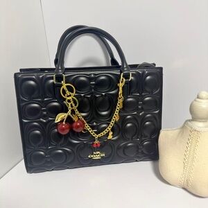 Coach Black Embossed Tote with Gold Chain and Red Cherry Charm